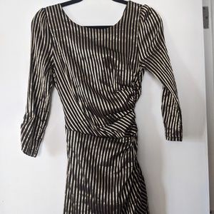 Black & Gold Striped Mini Dress 3/4 Rouched Sleeve w/ open twist back